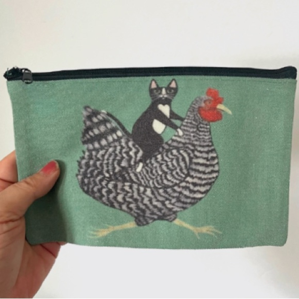Handmade Canvas Zipper Pouch with Black & White Chicken + Cat Graphic